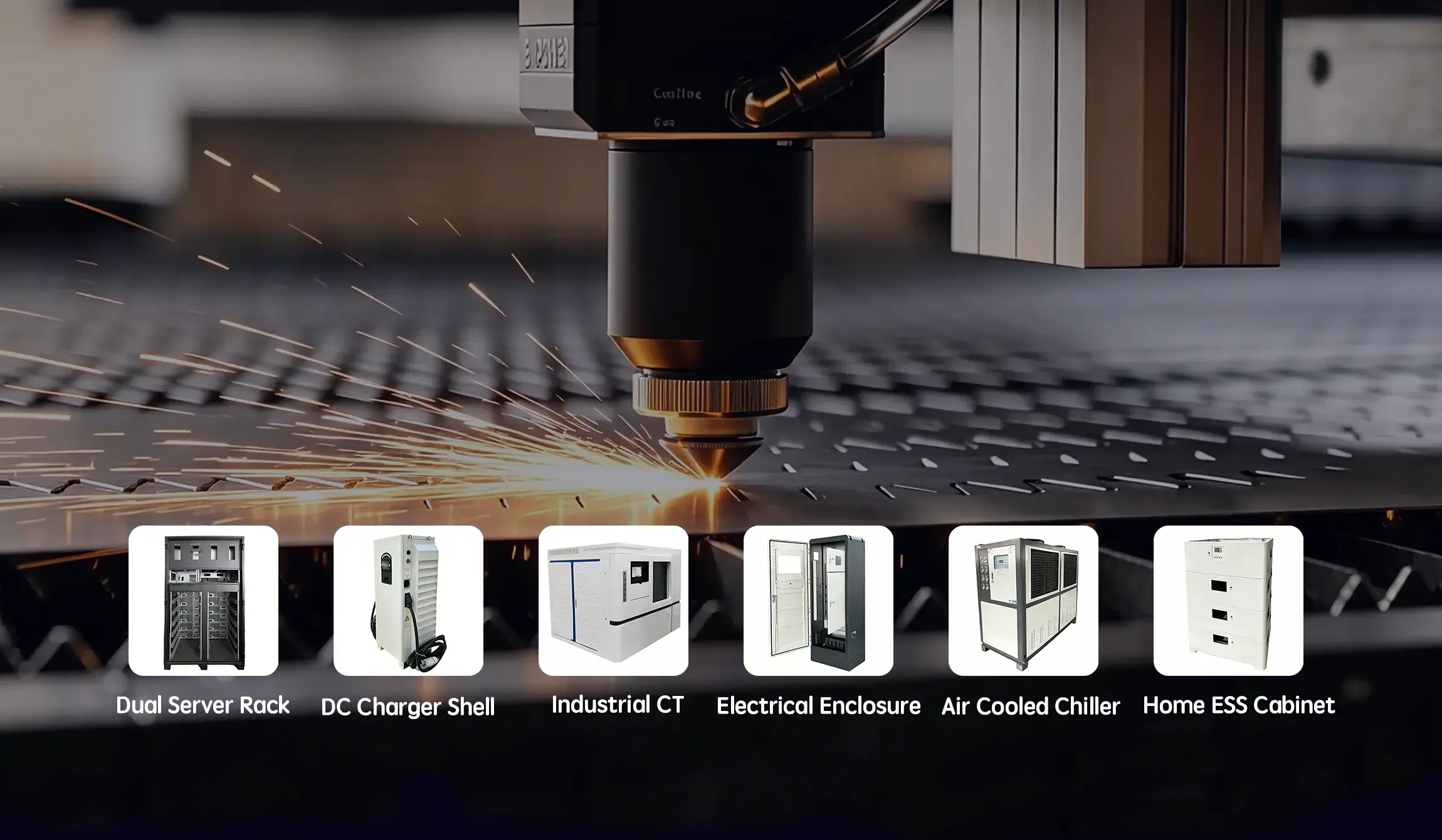 CNC laser cutting sparks over industrial enclosures including server racks and EV charger shells