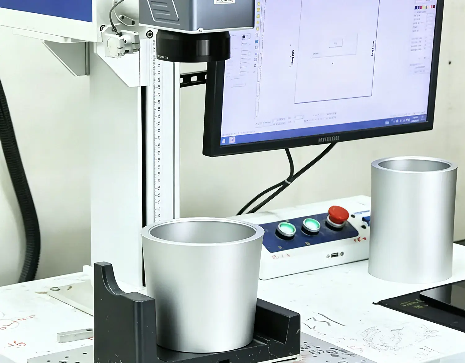Laser marking equipment set up for finished aluminum housing inspection, in-house quality control workstation for custom metal component manufacturing