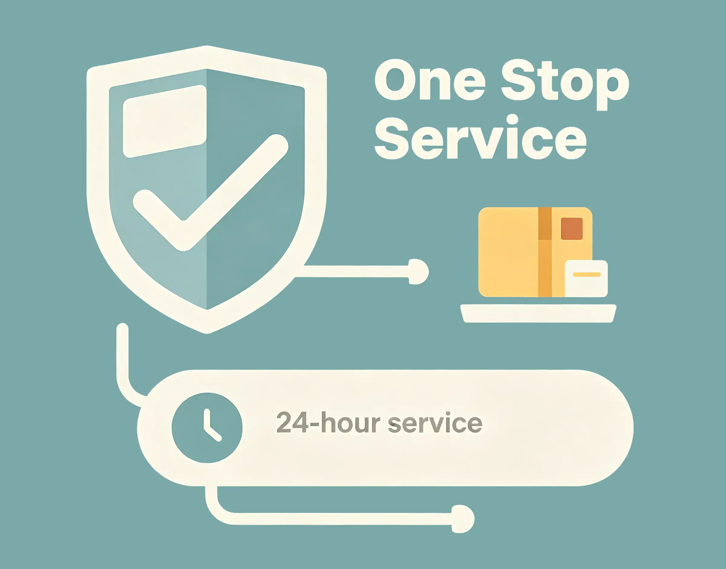 Flat graphic illustration for one stop sheet metal fabrication service guarantee, featuring reliable communication, on-time delivery and full project support for custom metal manufacturing orders