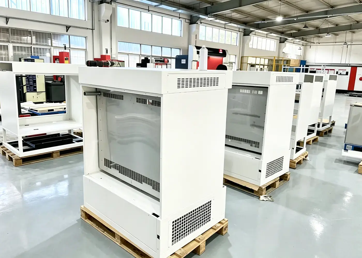 Factory workshop with finished sheet metal enclosures, strong sheet metal production capacity for prototypes and mass orders