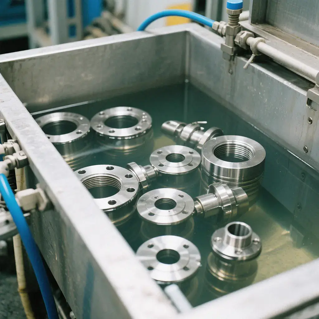 Stainless steel CNC machined parts soaking in passivation tank for anti-rust surface finishing treatment
