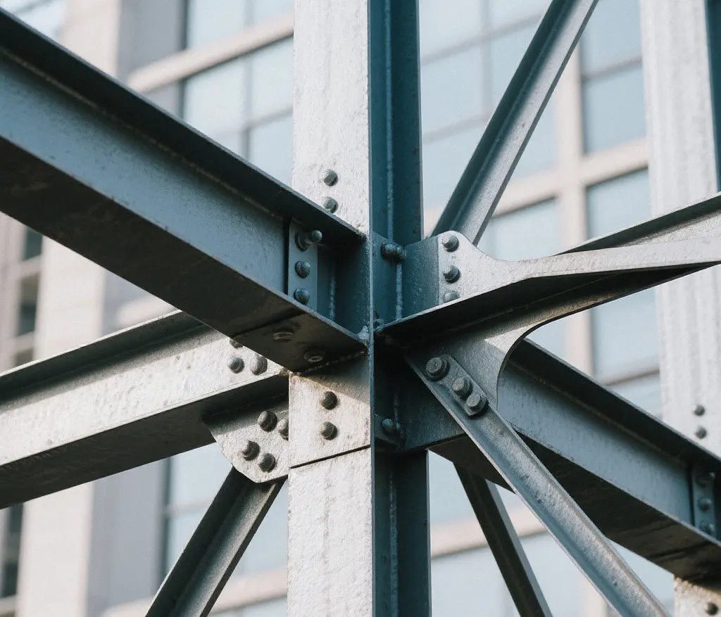 Galvanized steel frame connection used as a load-bearing architectural component.