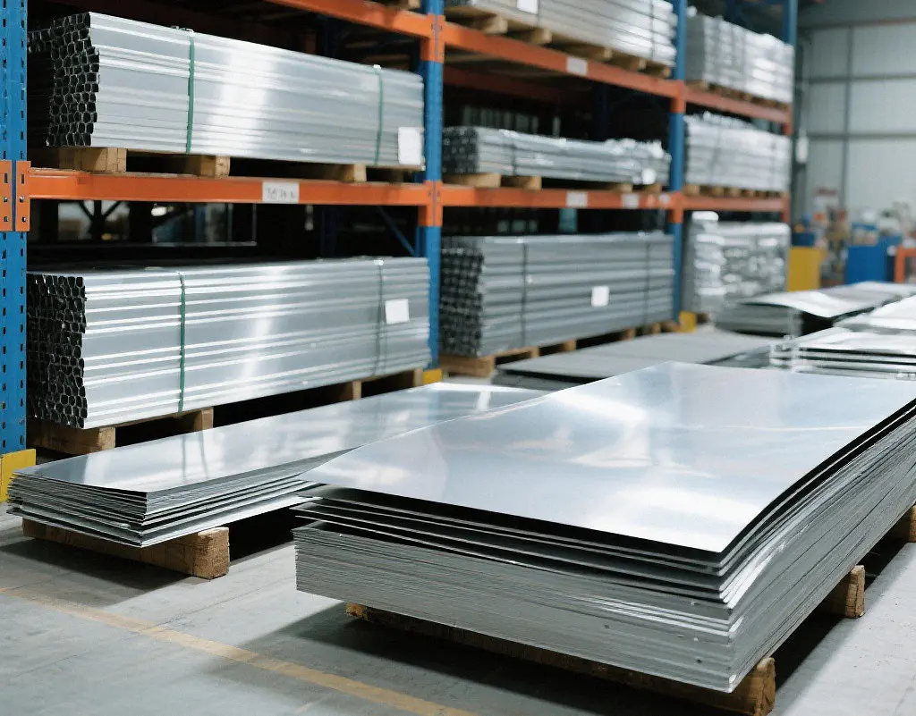 Stacks of automotive grade aluminum alloy and high strength steel sheet metal raw materials for vehicle component manufacturing