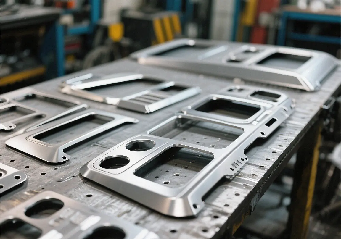 Custom precision sheet metal automotive dashboard trim panels, fabricated interior console elements with precise cutouts for vehicle interior layout