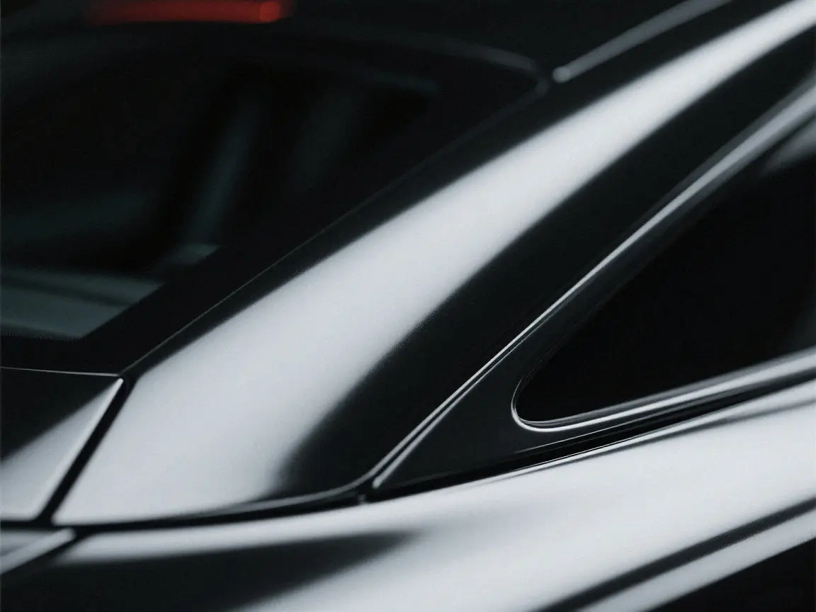 Close-up shot of glossy black automotive body panel showing high-quality smooth surface finish for custom fabricated auto sheet metal parts