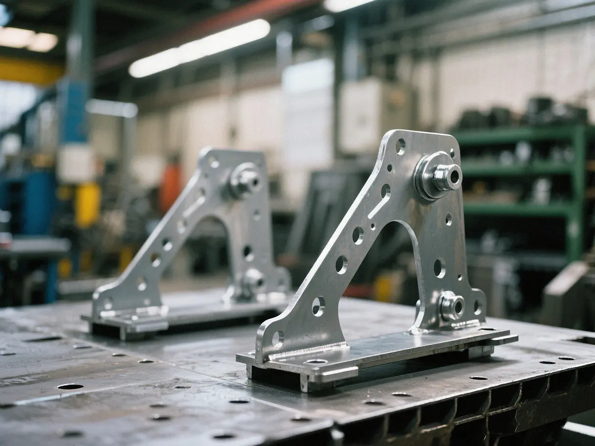High strength custom sheet metal vehicle chassis brackets, precision fabricated structural support mounts for automotive frame and component alignment