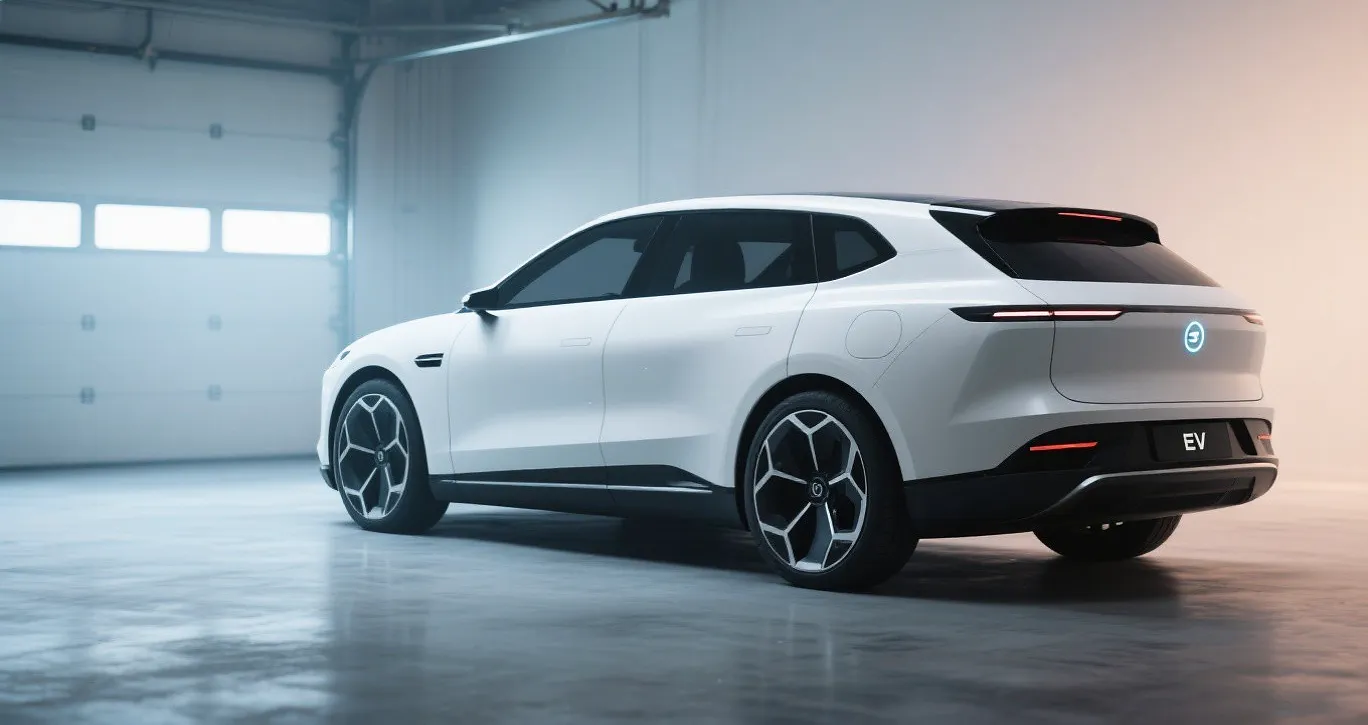 White electric SUV photographed in a clean studio.