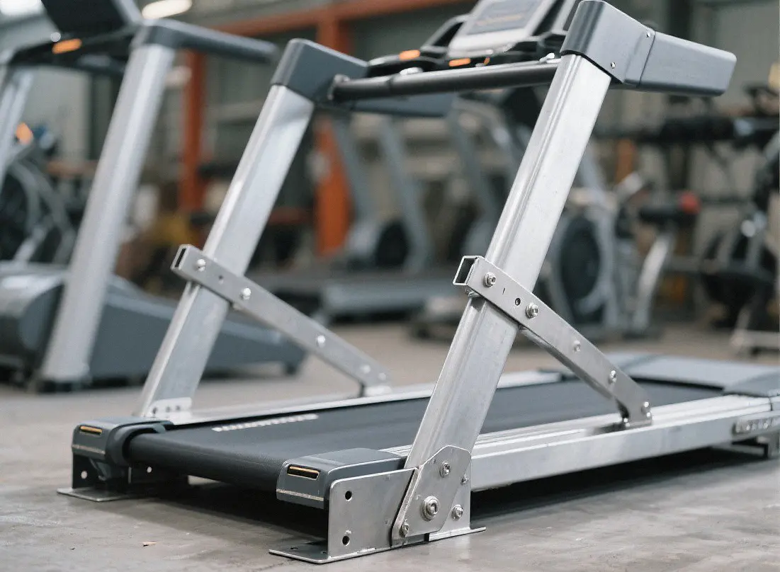 Heavy-duty aluminum frame and structural brackets for a treadmill.