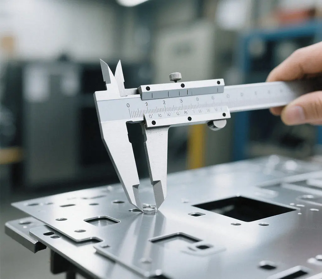 Inspector measuring a custom sheet metal consumer-product component with a vernier caliper.