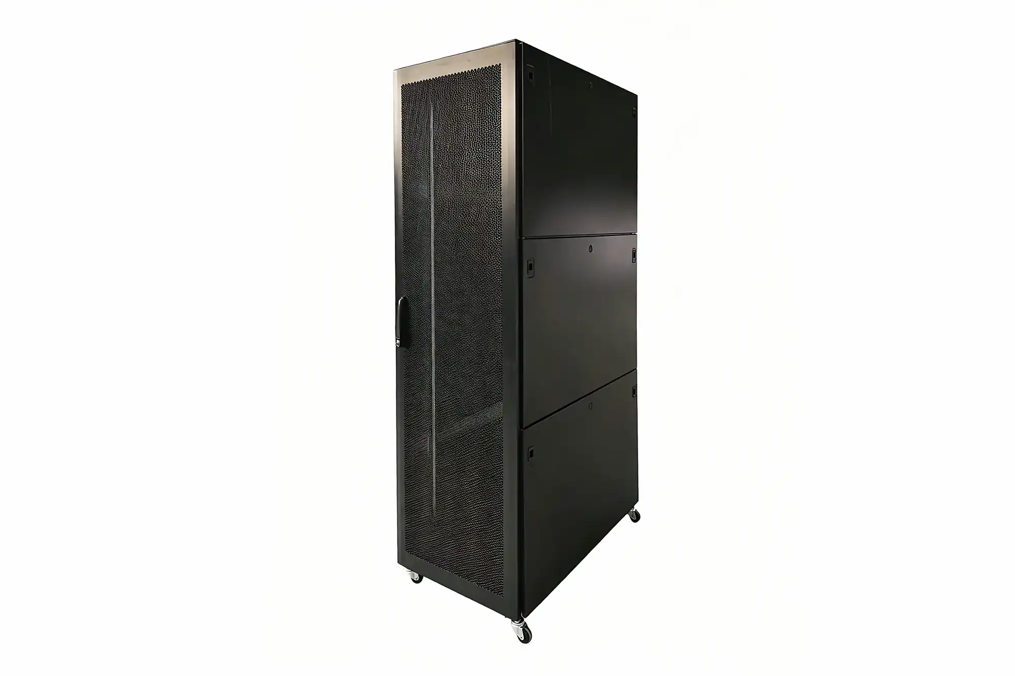 Black metal server rack cabinet with perforated mesh front door, wheeled data center IT equipment enclosure