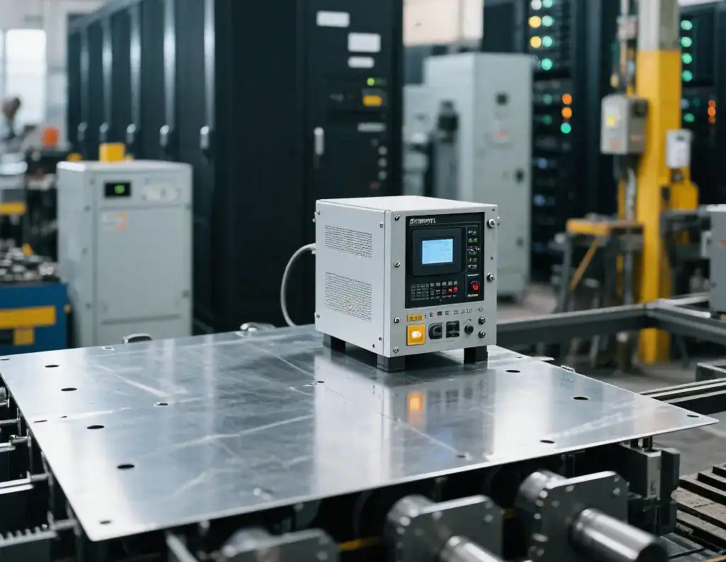 Sheet metal base plate for mounting server and power equipment.