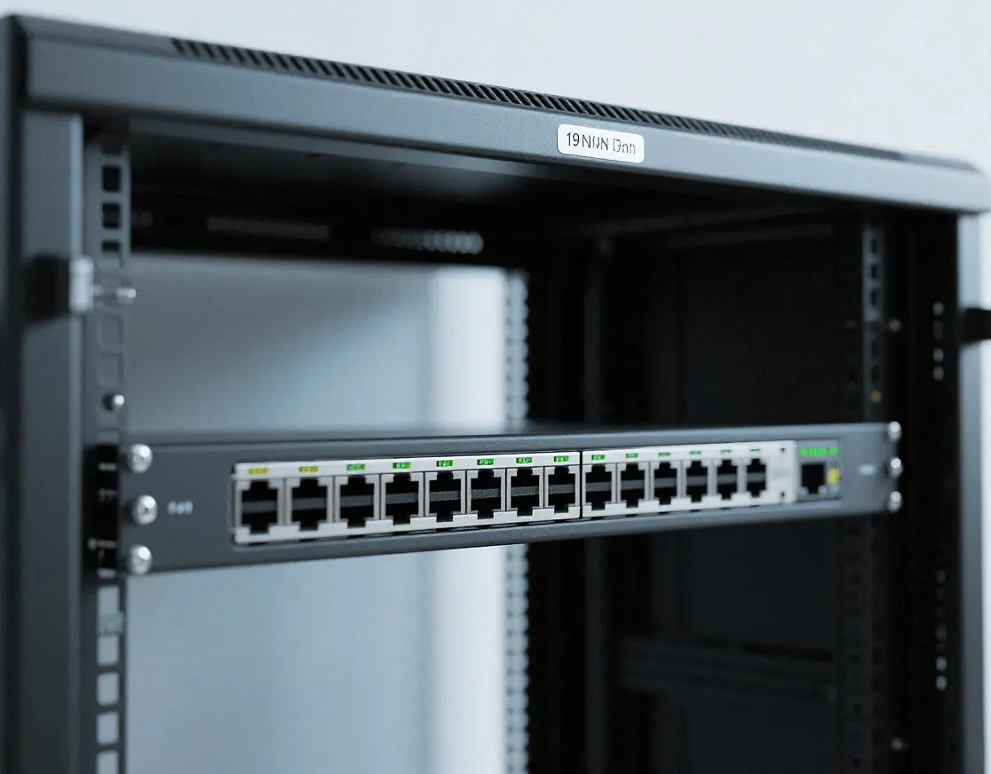 Custom 19-inch rack-mount chassis holding a network switch in a server cabinet.