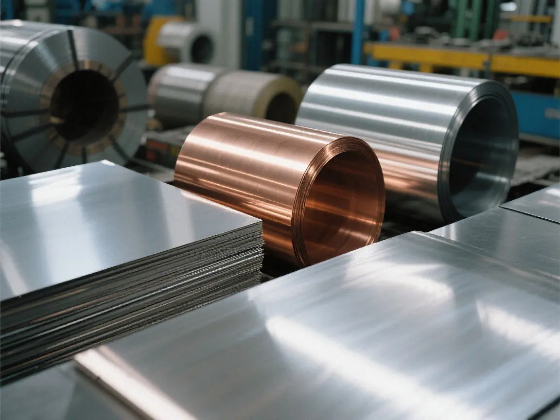 Assortment of electronic grade raw metal sheets and coils including copper, stainless steel and aluminum for electronics component manufacturing