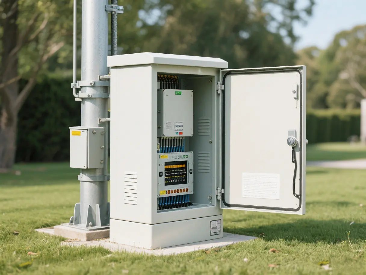 Rugged outdoor waterproof sheet metal telecom cabinet mounted on utility pole, custom housing protecting sensitive telecommunications electronics
