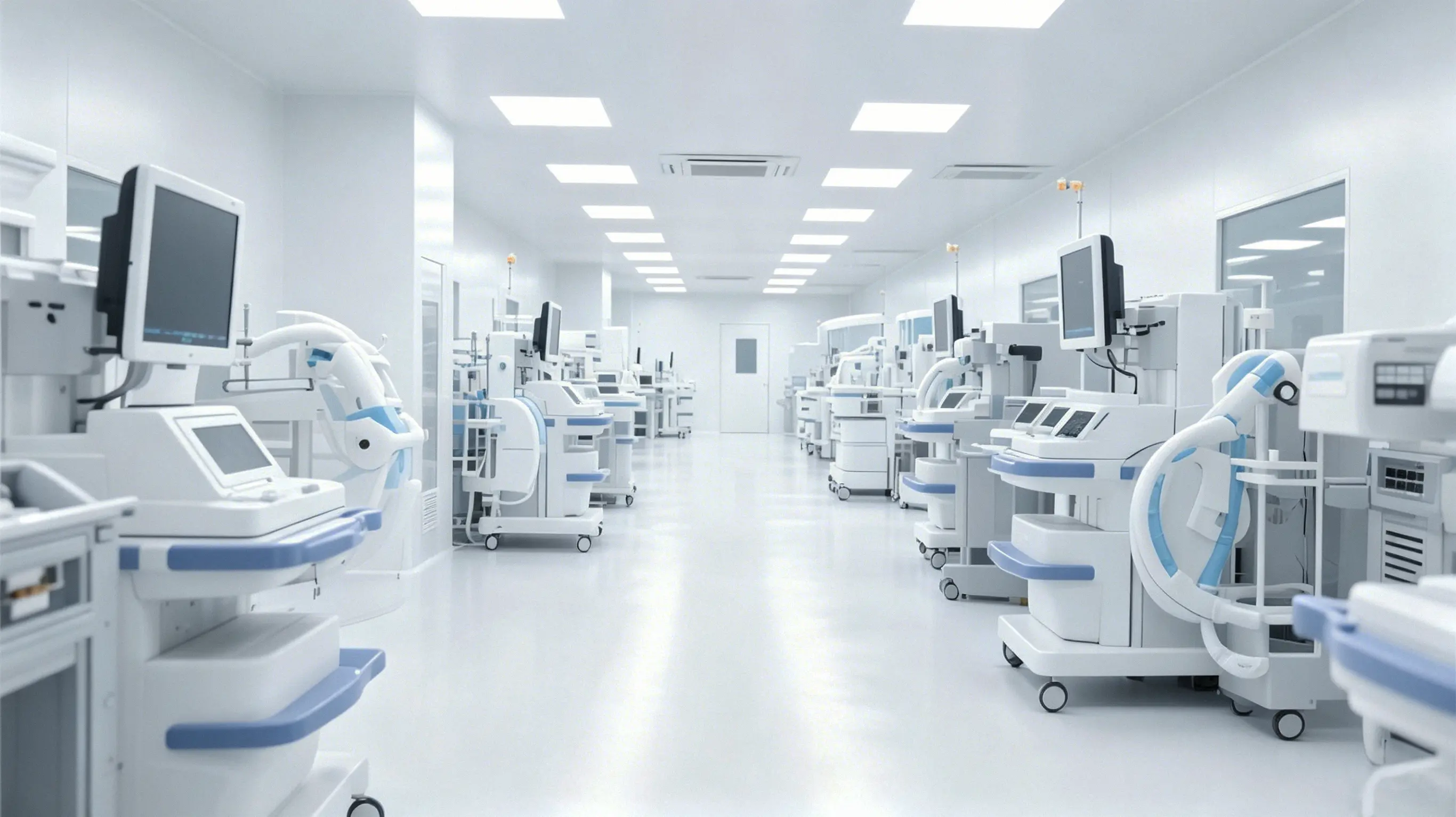 Clean white cleanroom facility full of finished medical diagnostic devices, custom sheet metal enclosure fabrication workshop for hospital medical equipment
