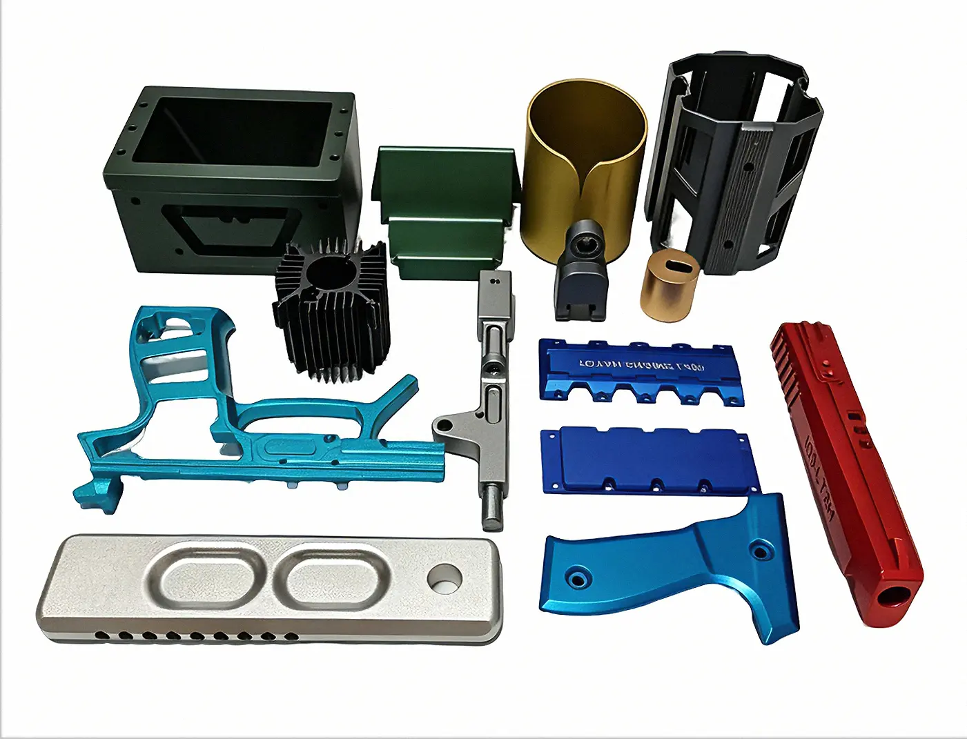 CNC-machined aluminum parts with blue, red, green, gold, and black anodized finishes
