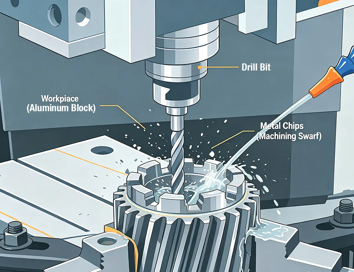 Technical illustration diagram of CNC drilling machining process with drill bit and aluminum workpiece