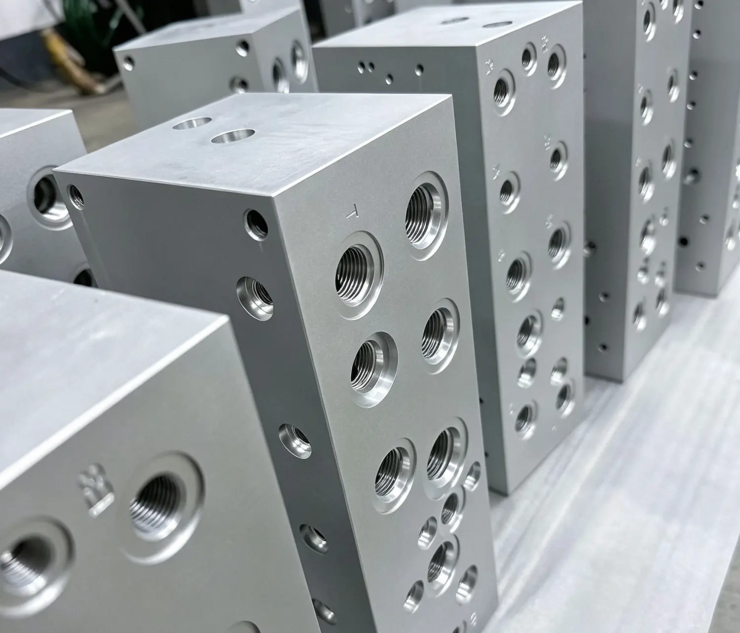 CNC-milled aluminum hydraulic manifold blocks