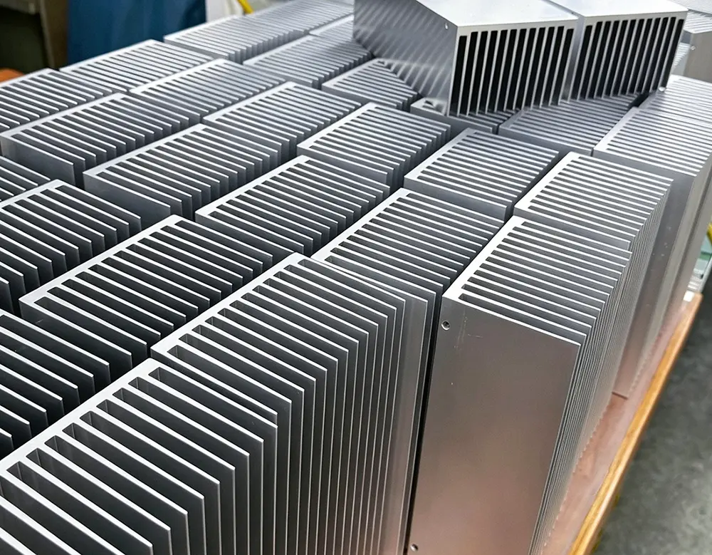 Production batch of CNC-milled aluminum heat sinks