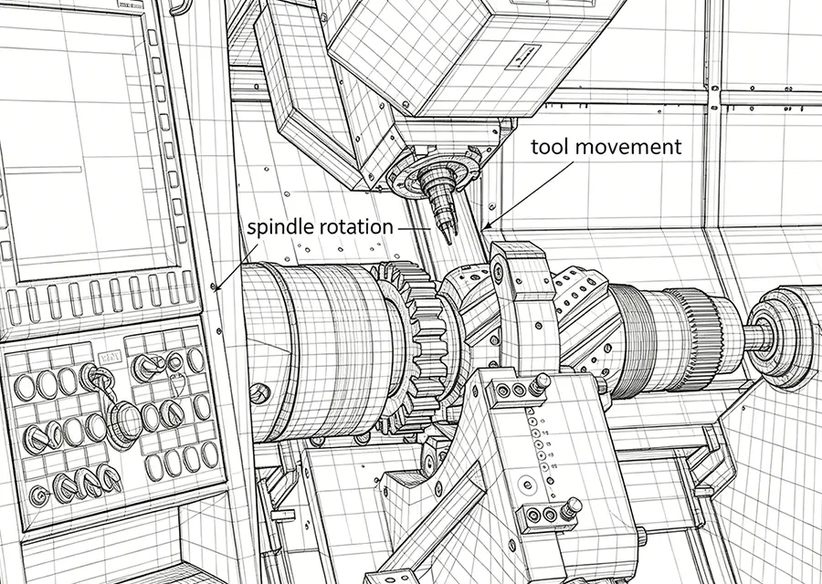 Diagram showing spindle rotation and tool movement in CNC turning