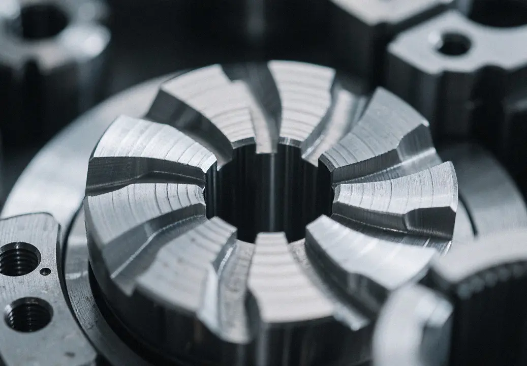 Close-up of tight-tolerance cylindrical parts produced on a multiaxis lathe