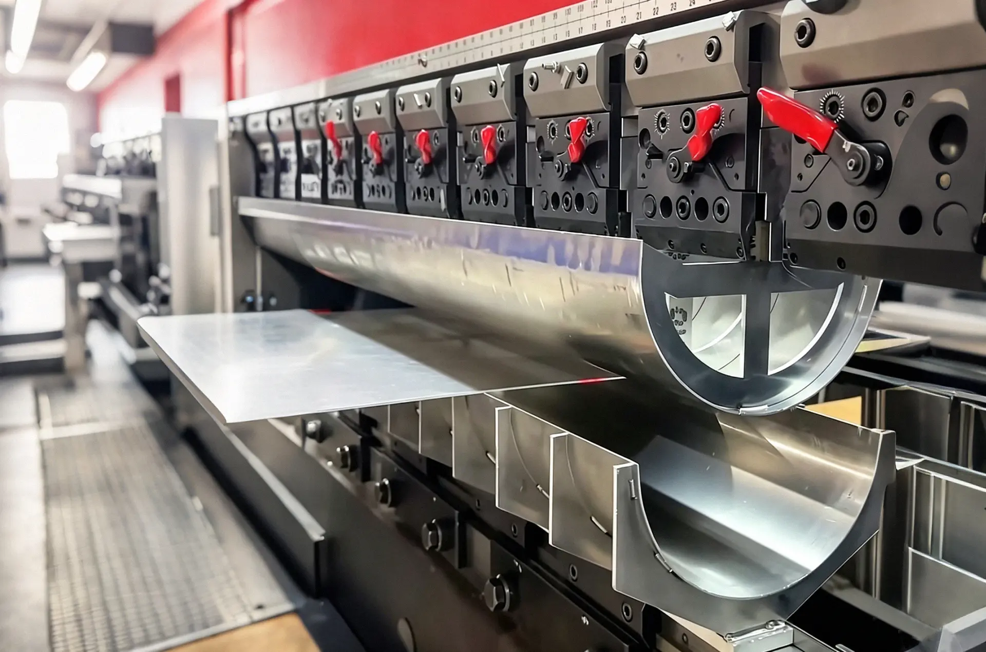 CNC press brake bending an aluminum sheet in a sheet-metal fabrication workshop