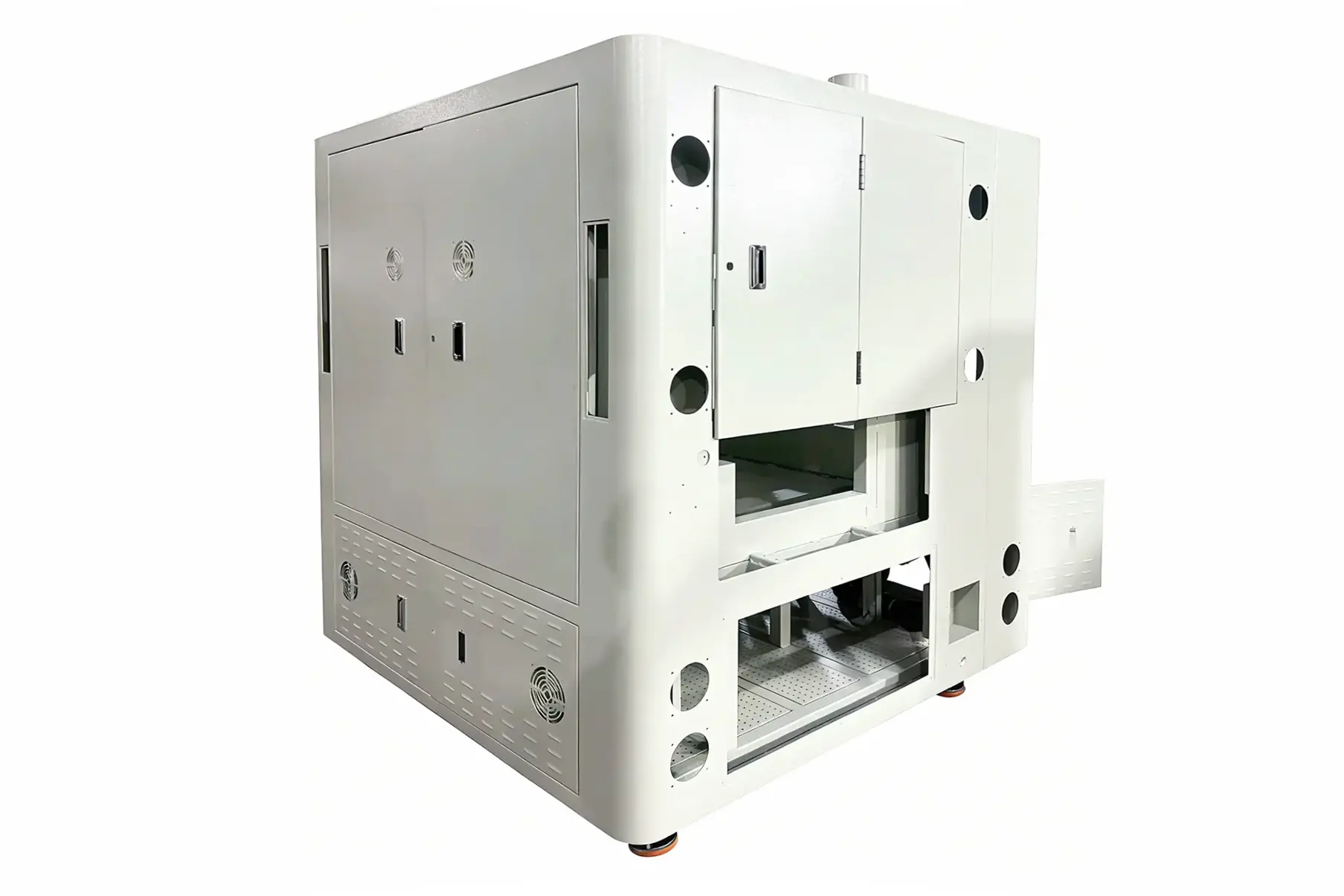 Powder-coated equipment cabinet with ventilation holes, access doors, and an internal platform