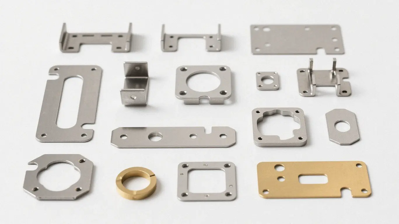 Assortment of stamped brackets, mounting plates, flanges, and brass fittings