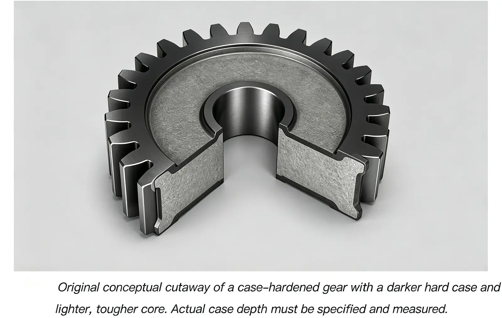 Conceptual cutaway view of a case-hardened gear showing hard surface case and tougher inner core