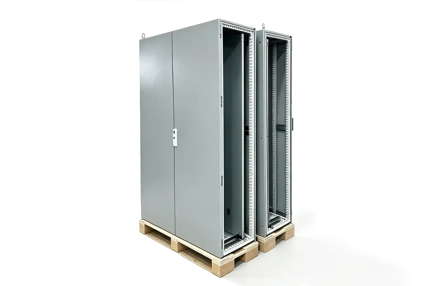 Grey metal electrical cabinet and server rack placed on wooden pallet