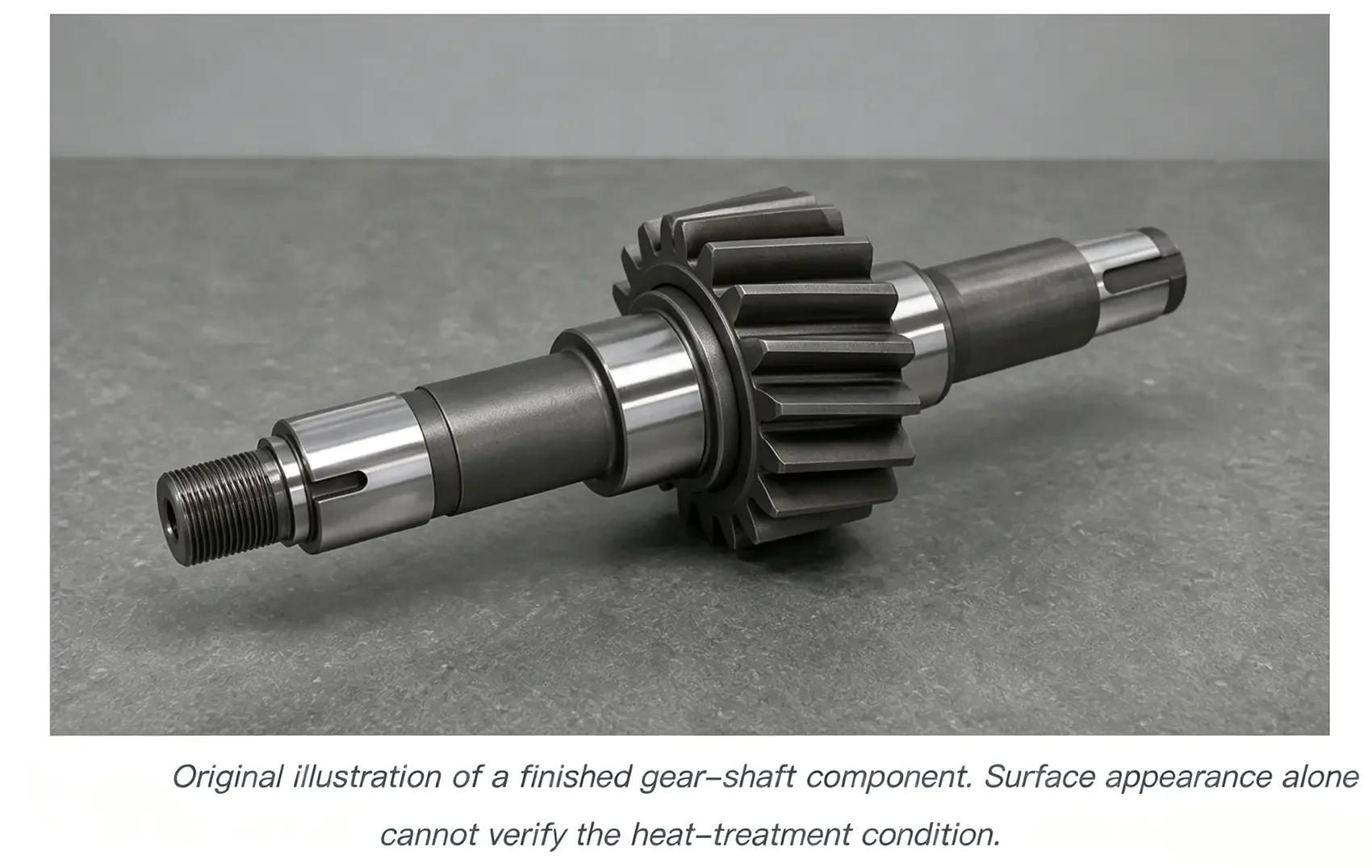 Illustration of a finished gear shaft component after complete heat treatment processing