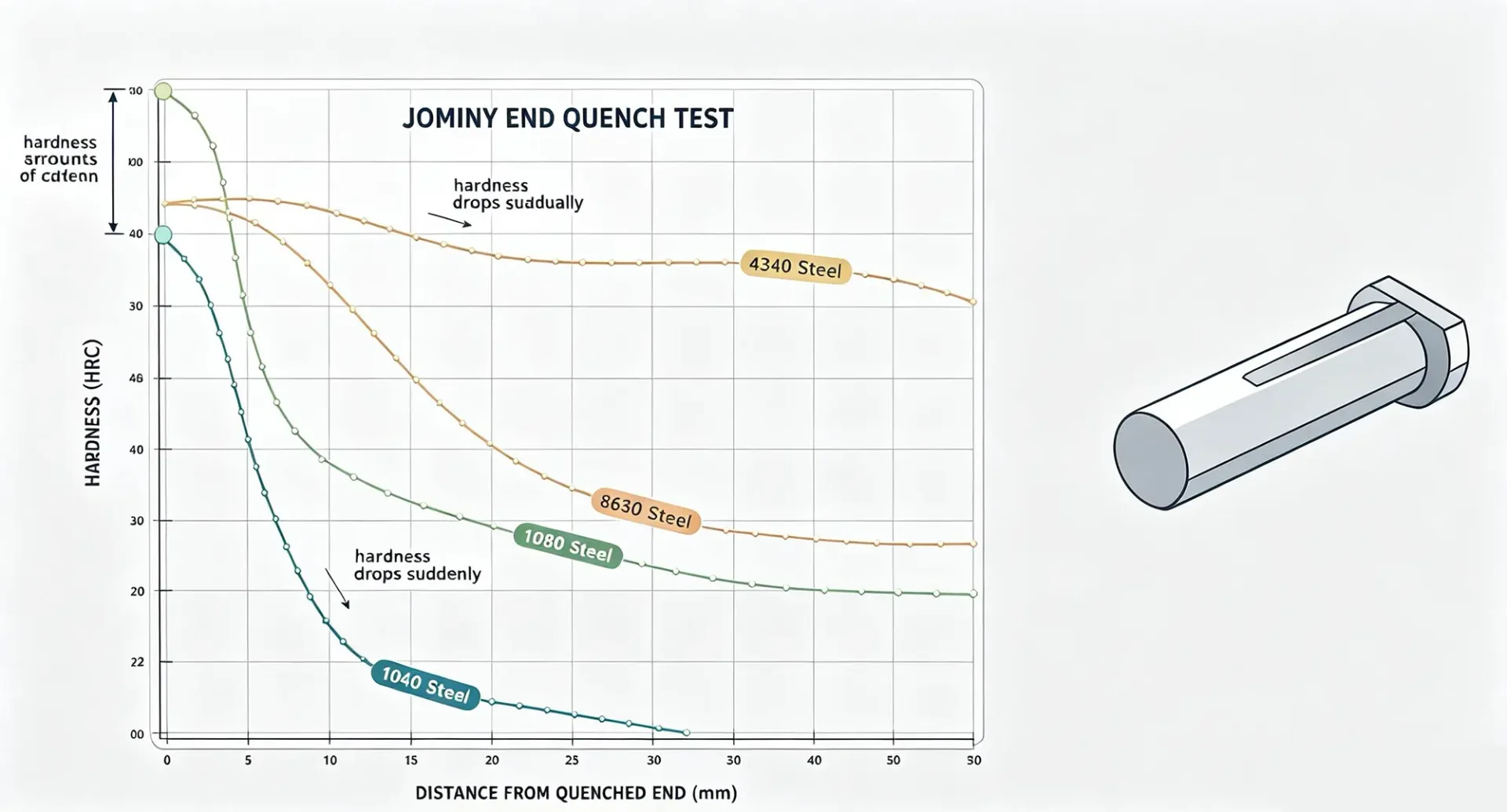Jominy end-quench test setup and qualitative hardenability curves for high and low hardenability steels