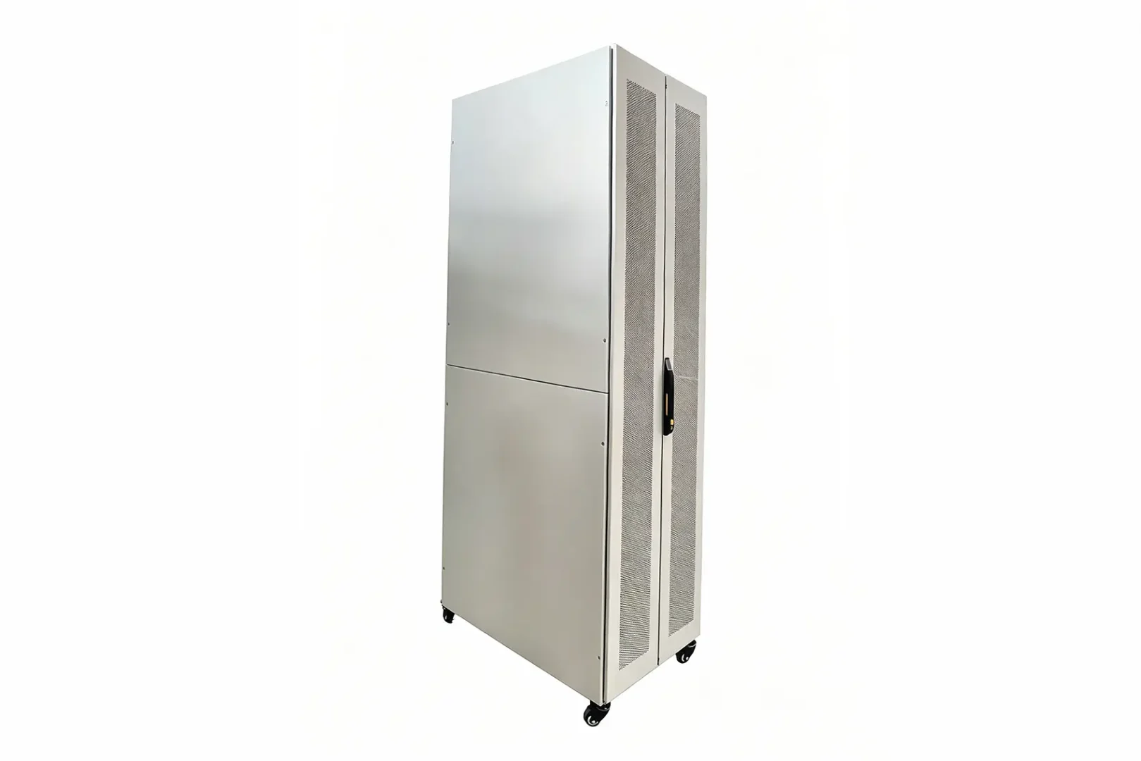 Silver metal server cabinet with mesh ventilation doors and movable casters
