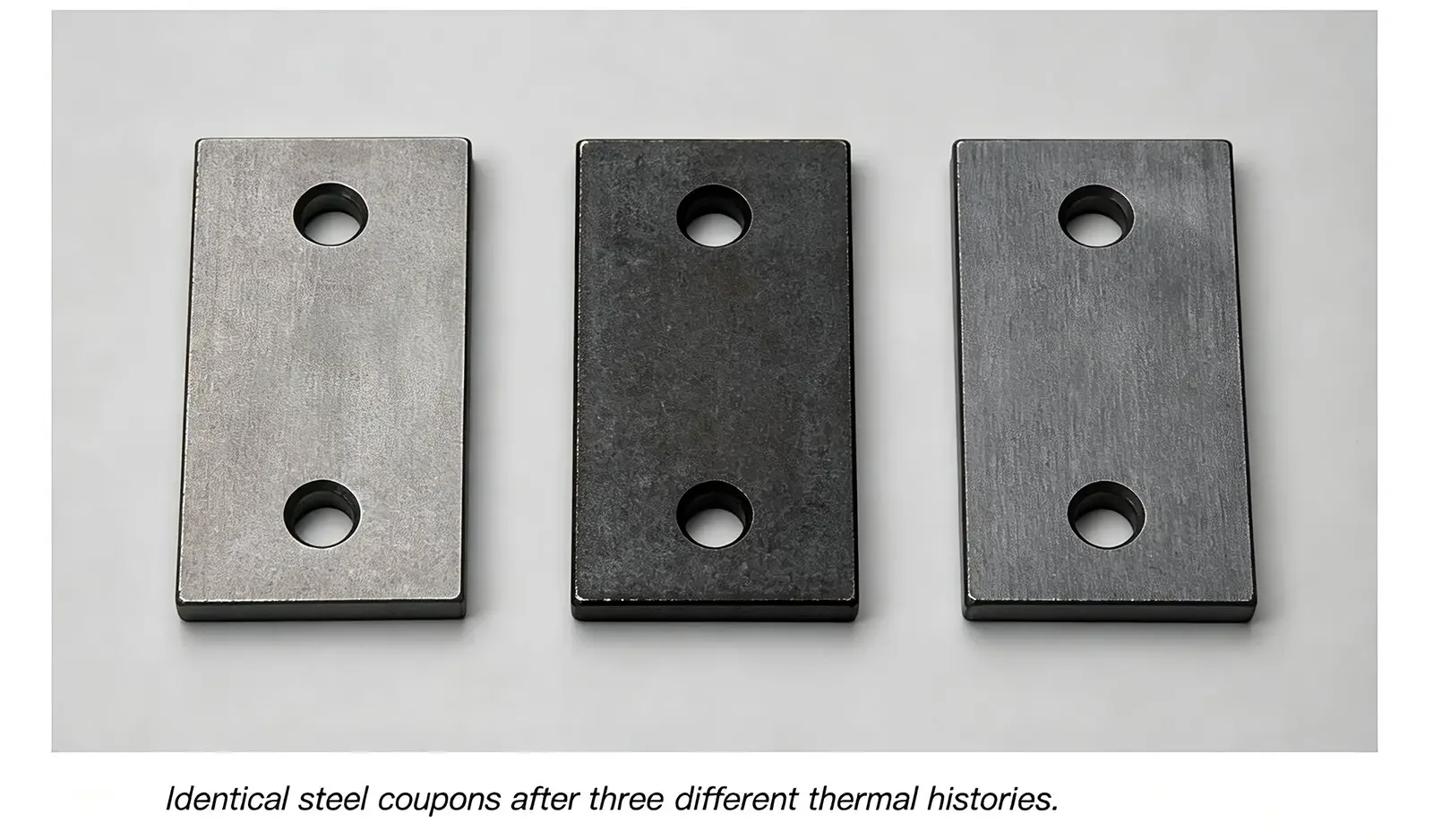 Three identical steel coupons with different surface appearance after three distinct heat treatment thermal cycles