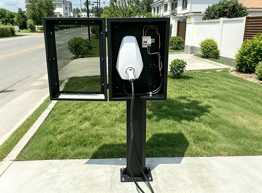 Outdoor column wallbox with external sheet metal protective enclosure for home AC charging