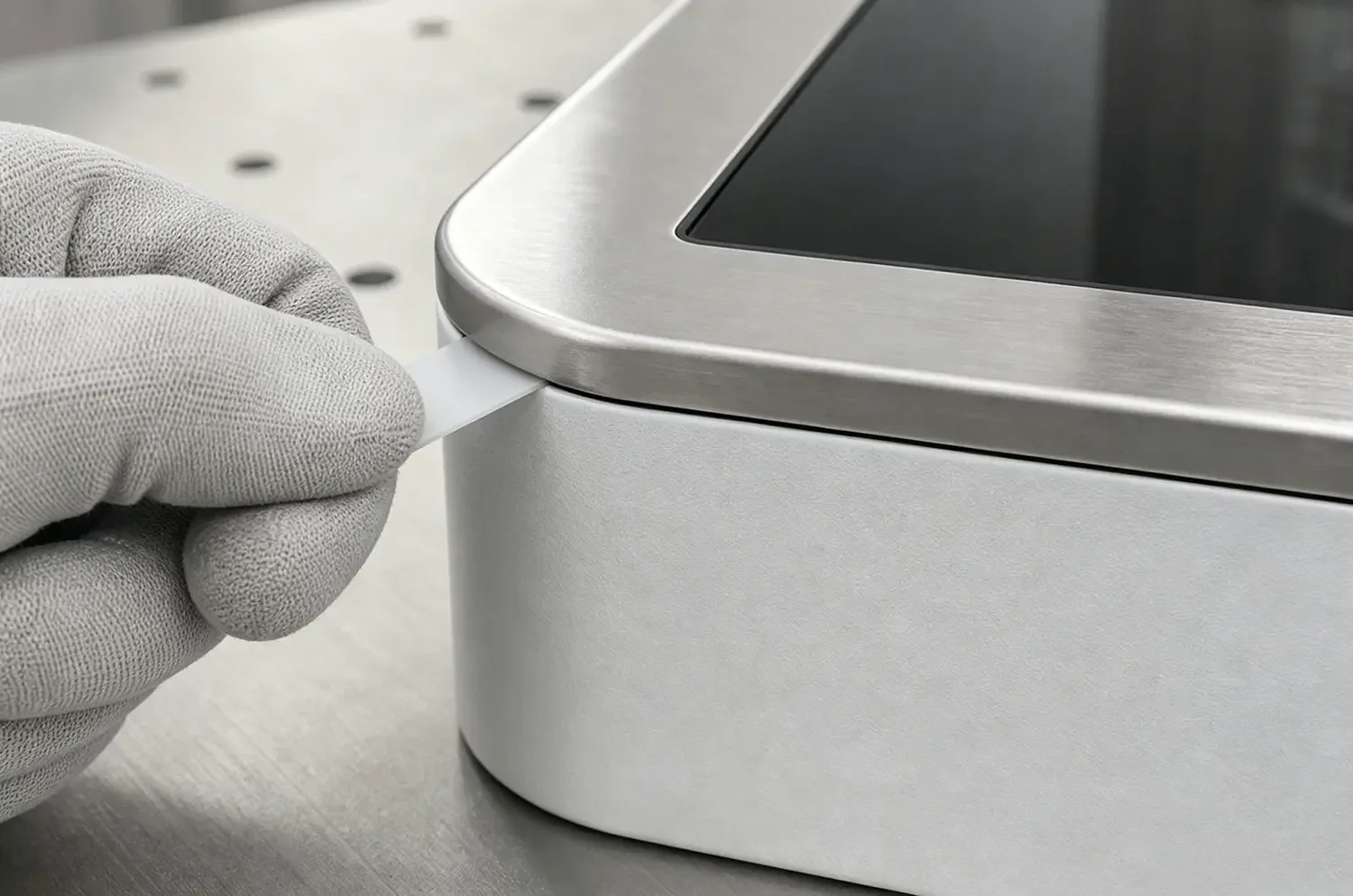 Close-up of radiused corner and flush service seam on a cleanable sheet metal medical kiosk enclosure