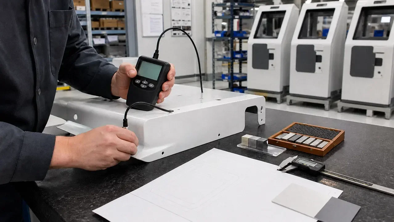 Quality technician measuring powder coating thickness on a medical kiosk sheet metal panel