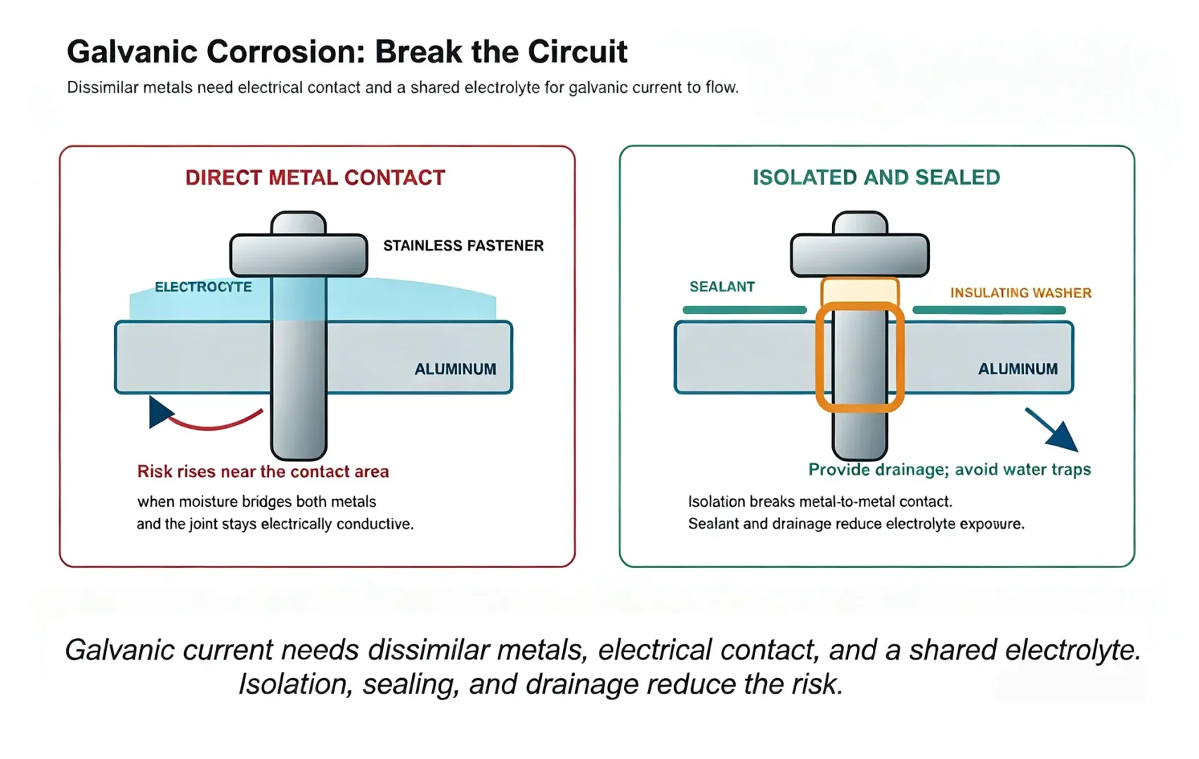 Diagram comparing direct metal contact vs isolated and sealed joints for galvanic corrosion control