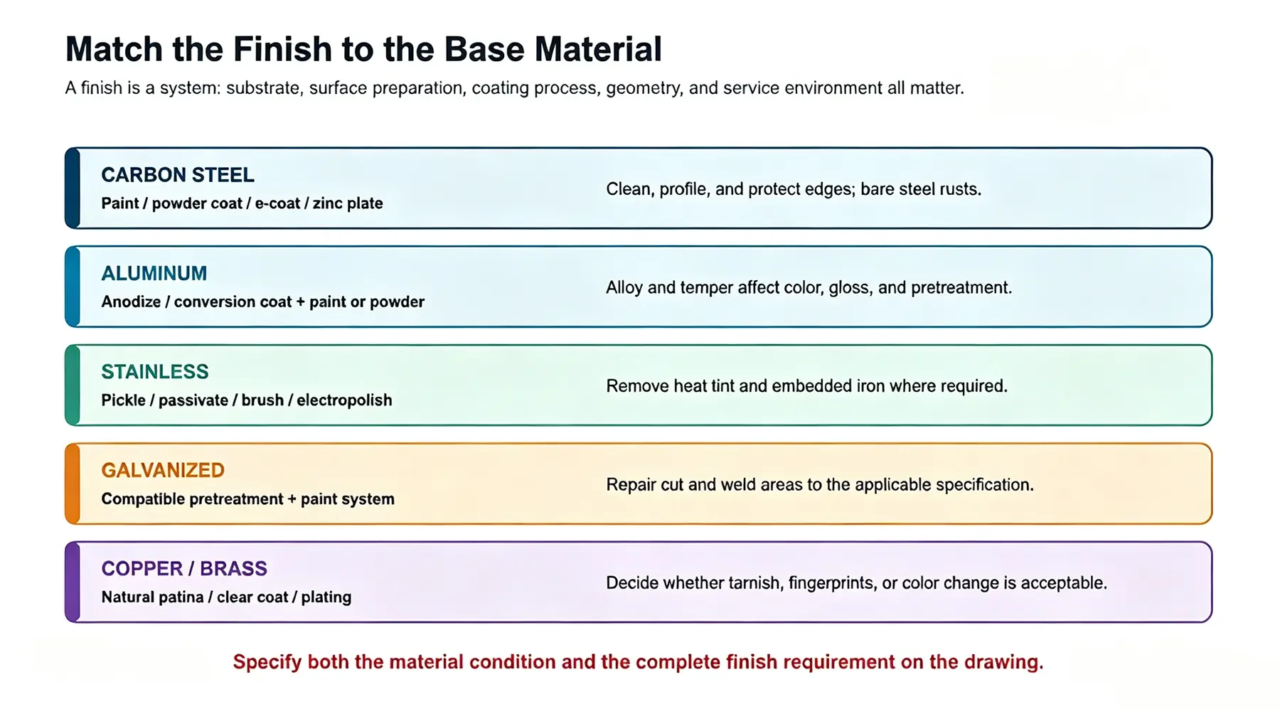 Overview of typical surface finish families for common sheet metal substrate materials
