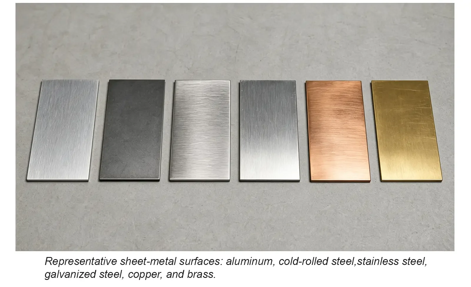 Representative sheet metal surfaces including aluminum, cold-rolled steel, stainless steel, galvanized steel, copper, and brass