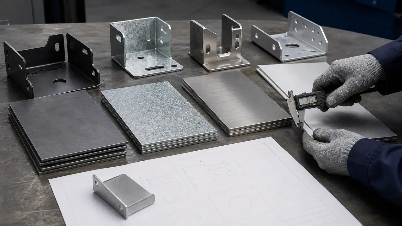 Cold-rolled steel, galvanized steel, stainless steel, and aluminum samples beside fabricated sheet metal parts