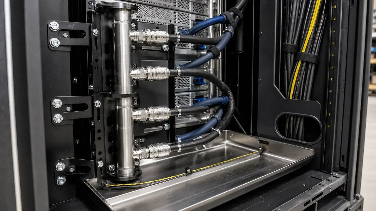Close-up of a cold-plate cooling manifold on adjustable sheet metal brackets above a stainless drip tray in an AI rack