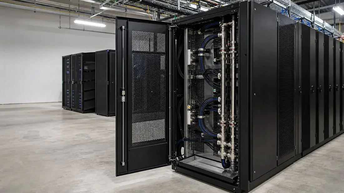 Open rear of a liquid-cooled AI rack with stainless manifolds, coolant hoses, perforated doors, and a drip tray in a data center