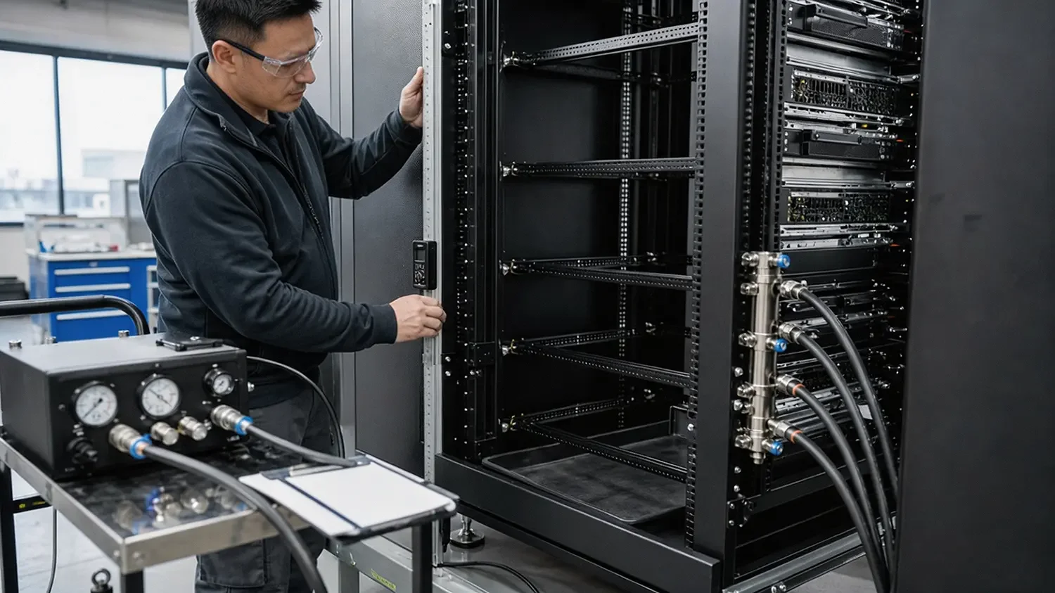 Quality technician checking rack rail alignment while a manifold pressure test is connected to a liquid-cooled AI rack