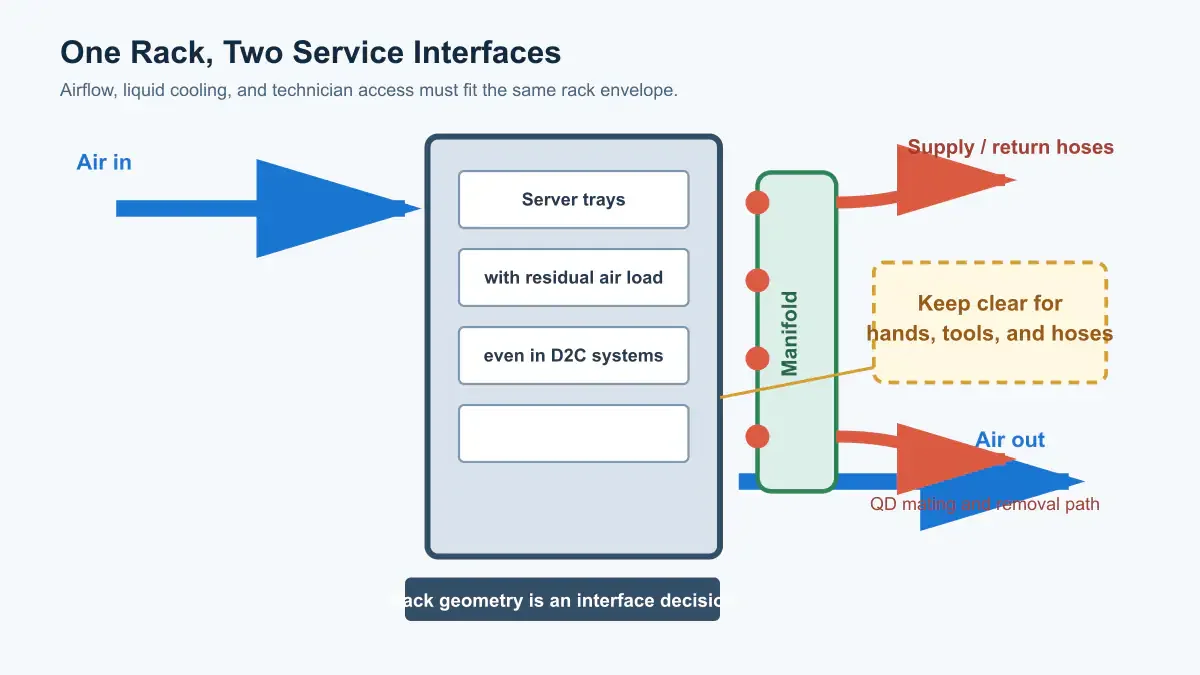AI server rack diagram showing airflow, a direct-to-chip liquid loop, manifold connections, quick disconnects, and the rear service zone.