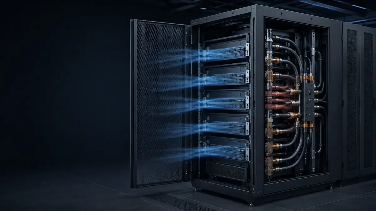 Cutaway AI server rack showing front-to-rear airflow and a rear liquid-cooling manifold interface.
