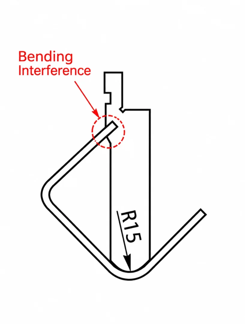 Formed sheet metal flange interfering with an upper press brake punch