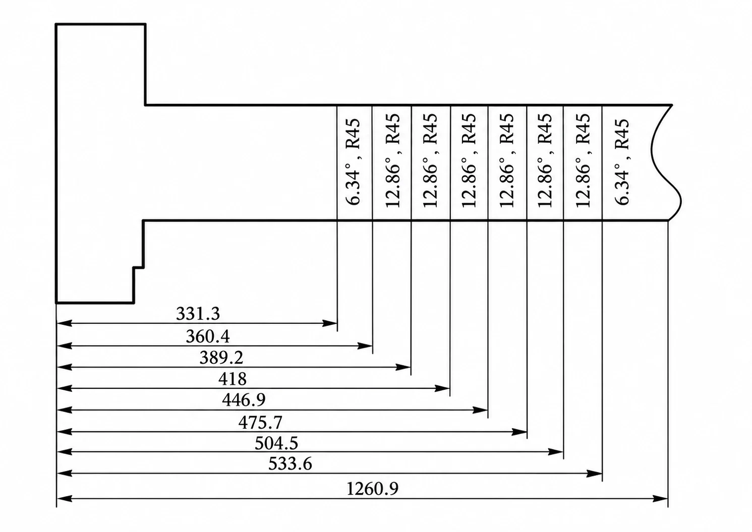 Flat pattern showing eight R45 bend positions for an R125 sheet metal radius