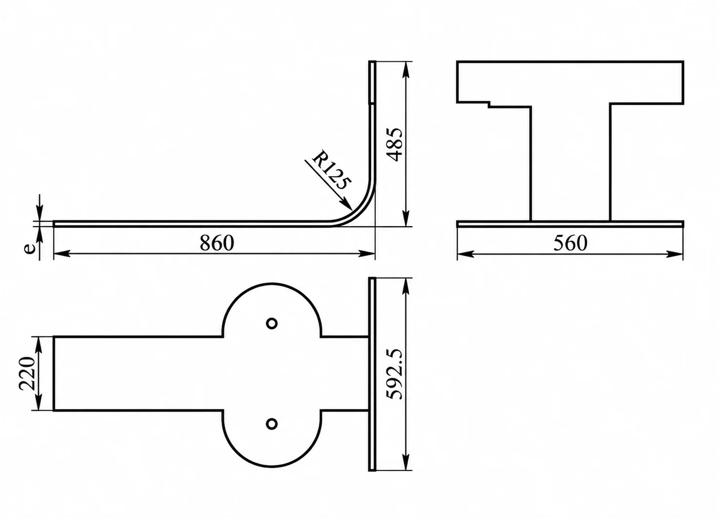 Sheet metal part drawing with an R125 large-radius 90 degree bend
