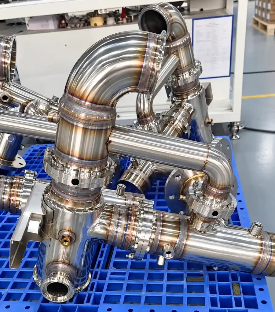 Welded stainless steel cooling pipe assembly with elbows, flanges, and branch ports.